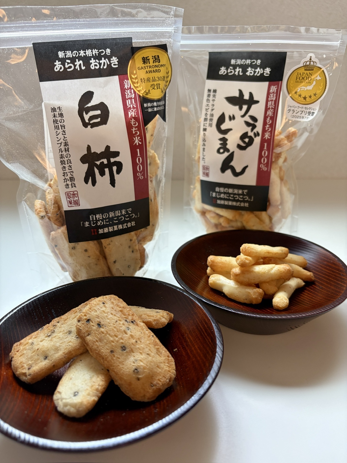 Kato Seika arare and okaki (加藤製菓 あられ・おかき) — purchased and photographed by the Kasegeya editorial team